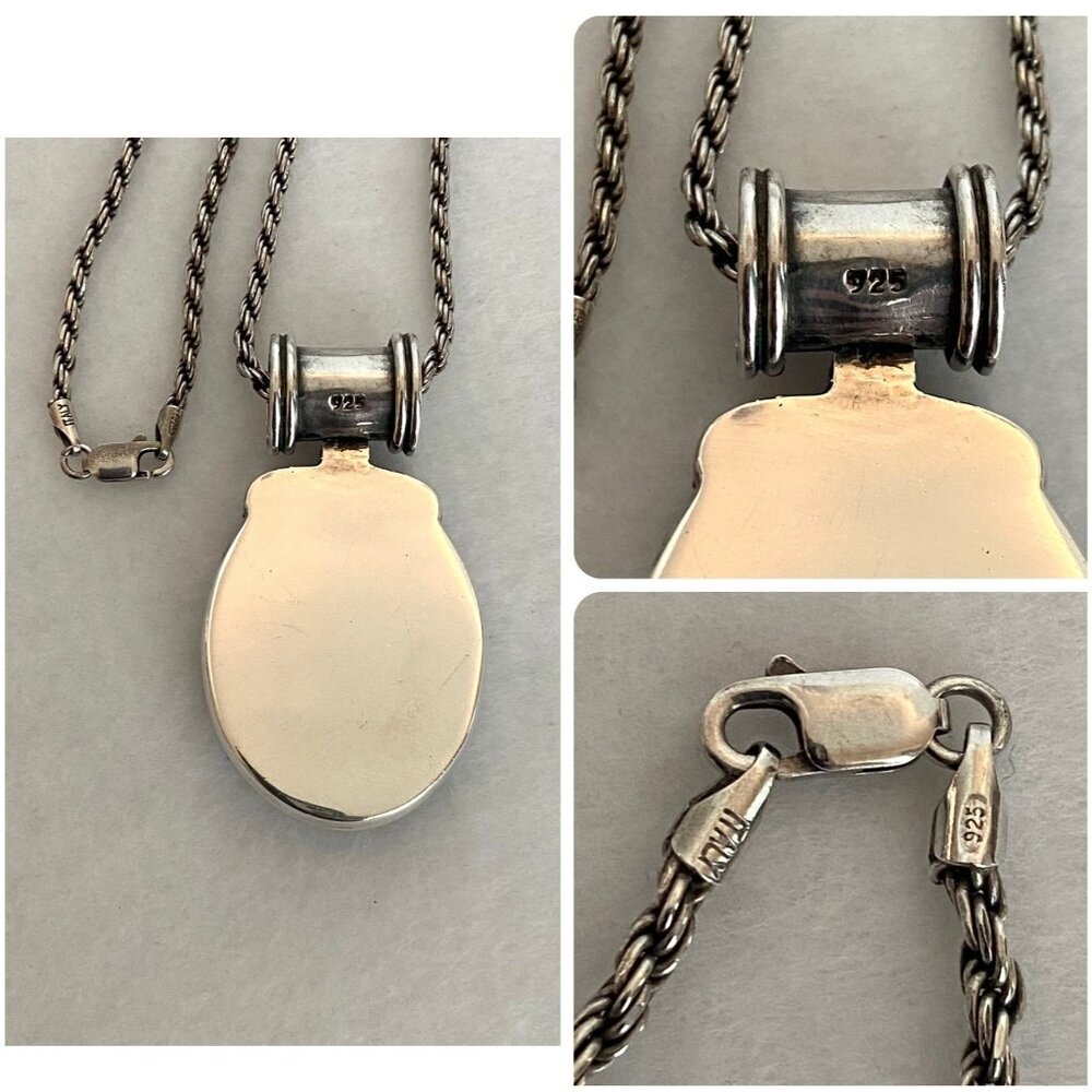 Sterling Silver 925 2" Chunky Oval Black Onyx Pendant Necklace 18" Rope Chain - Picture 9 of 16